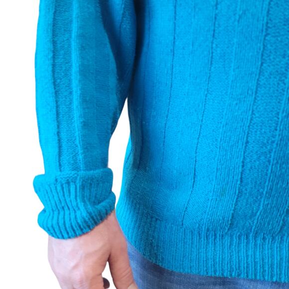 Vntg 1980s Perry Ellis Mens Turquoise Silk Cotton Cable Knit Fisherman Sweater - Picture 3 of 8
